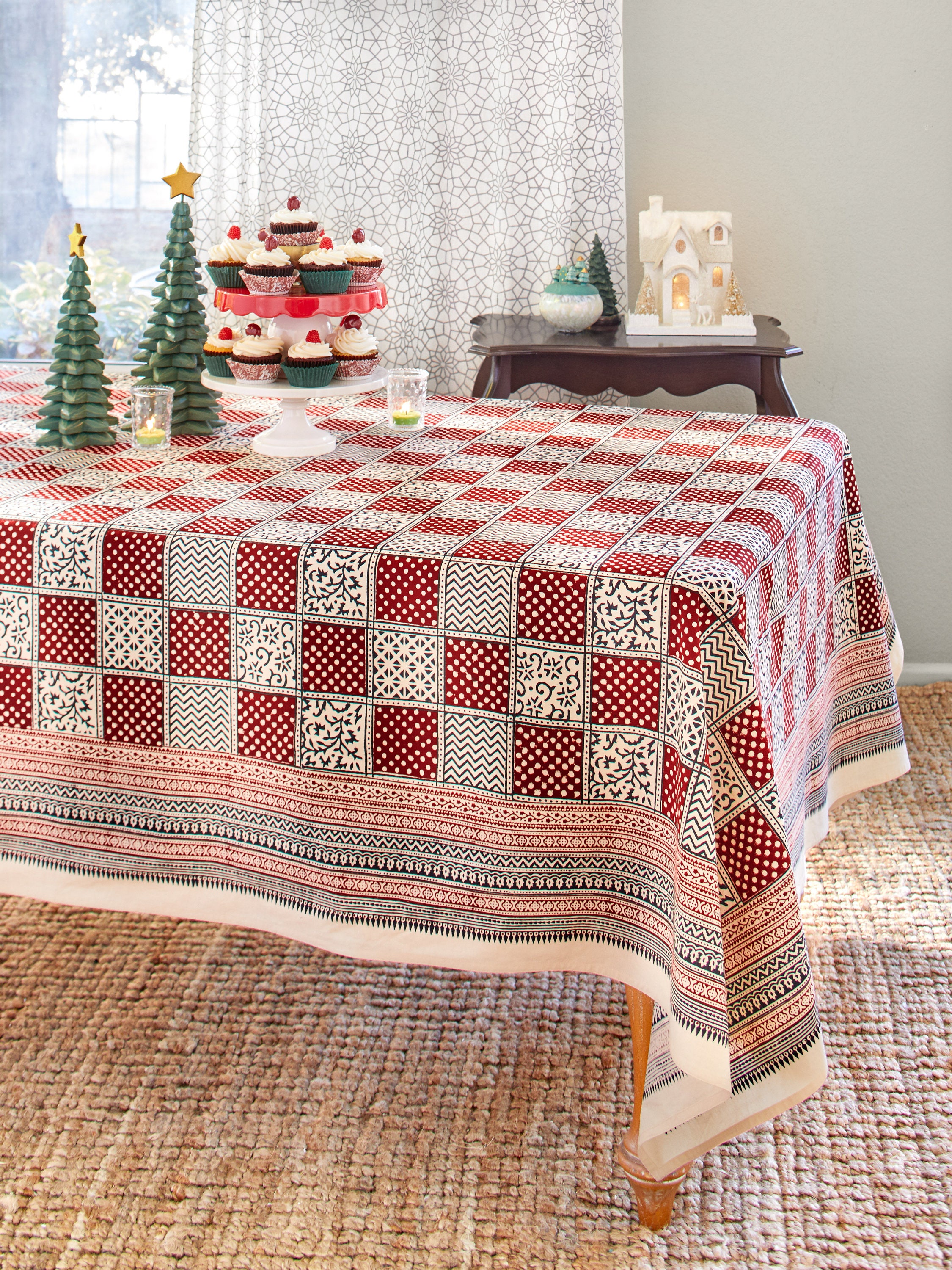 Rectangle Tablecloth, Red Plaid Tablecloth, Hand Block Printed Tablecloth, Festive Table Cover, Gift For Home, Bucolic Vintage - Fete Royale