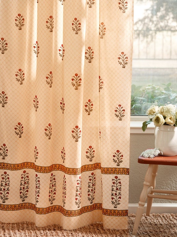 Red Poppy Indian Floral Sheer Yellow Curtain Panel Etsy