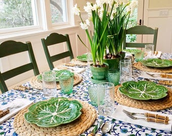 Indian Block Print Tablecloth, Rectangle Tablecloth, Garden Hosting Decor, Green Hand Blocked Tablecloth, Luxury Tablecloth, Moonlit Taj