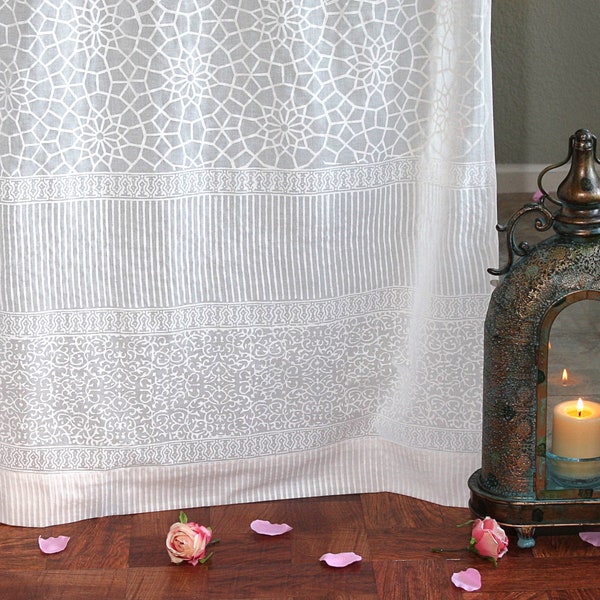 White sheer curtains - Moroccan block printed curtains - Boho cotton window treatments - Royal Mansour