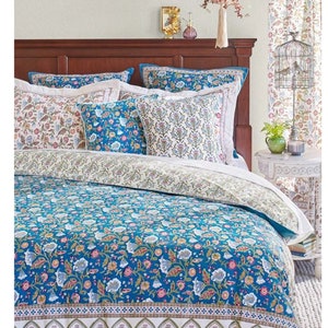 Block Printed Duvet Cover, Blue Floral Comforter Cover, Bedding Case, French Country Duvet Cover, Duvet Cover King ~ Enchanted - Blue