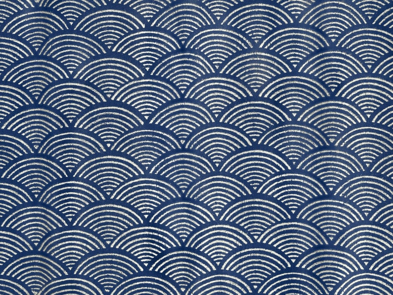 May include: A seamless pattern of white overlapping semi-circles on a dark blue background. The pattern is reminiscent of traditional Japanese wave designs.