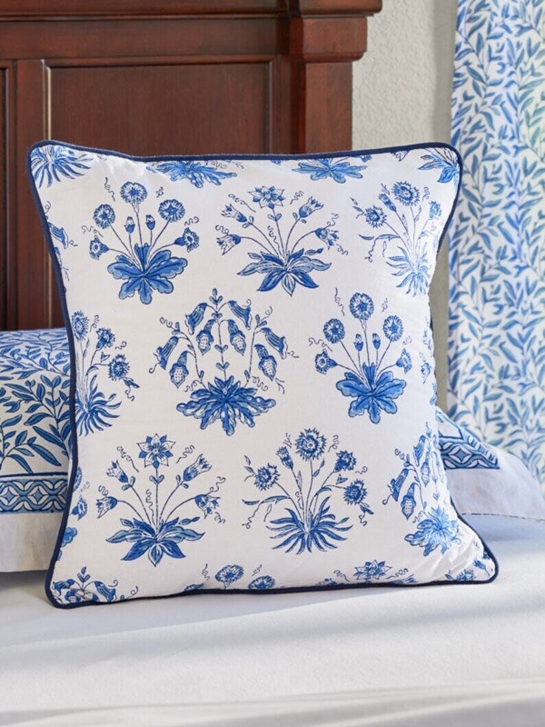 English Gardens Botanic Cushion Cover Blue Asian Throw Etsy