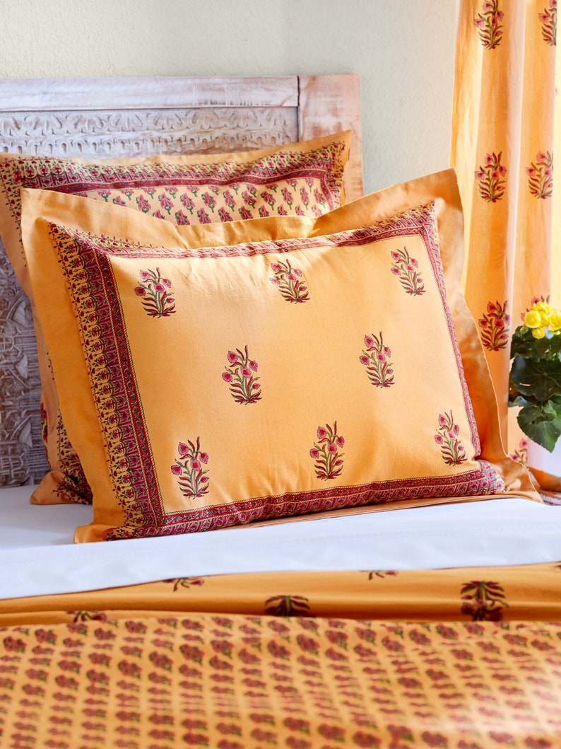 Mango Orange Sham, India Sari Pillow Sham, Standard Cotton Pillow Cover, Block Printed Fabric Sham, Floral Pillow Case ~ Indian Summer (CP) Indian Summer (CP)