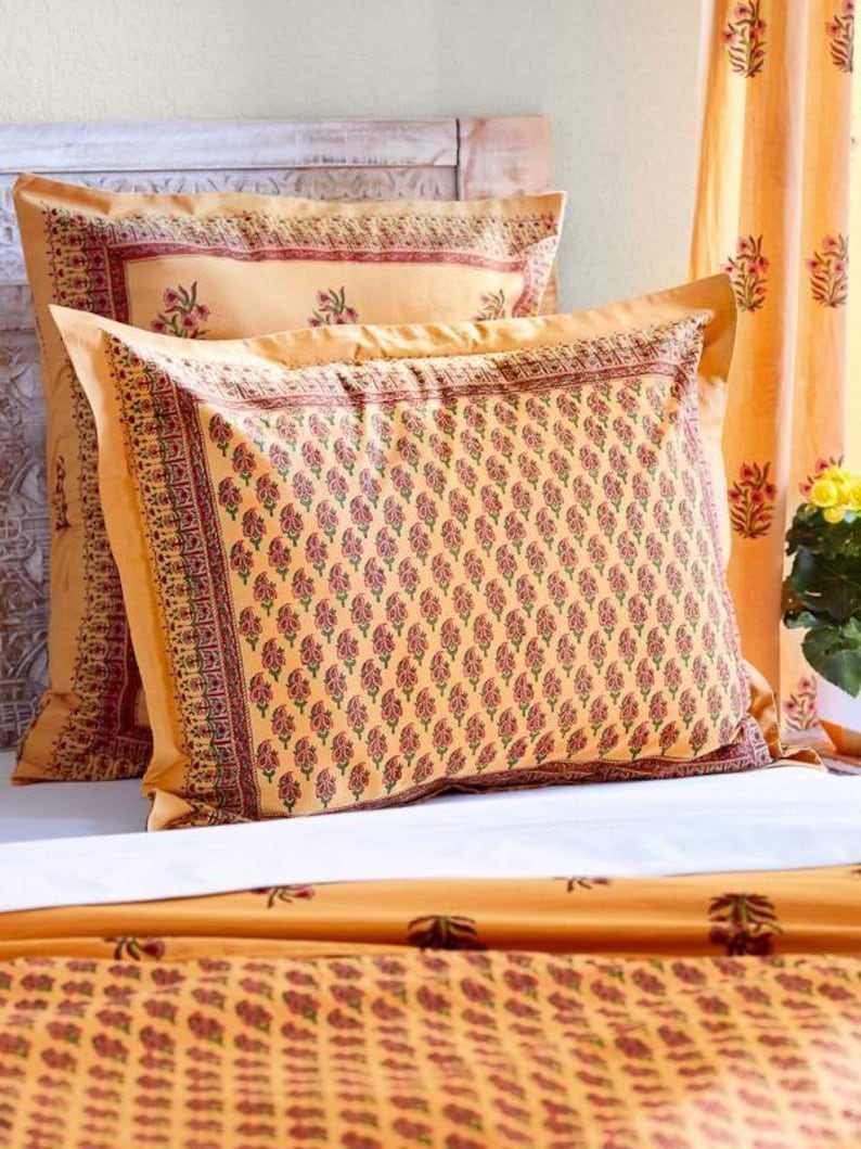 Mango Orange Sham, India Sari Pillow Sham, Standard Cotton Pillow Cover, Block Printed Fabric Sham, Floral Pillow Case ~ Indian Summer (CP) Indian Summer