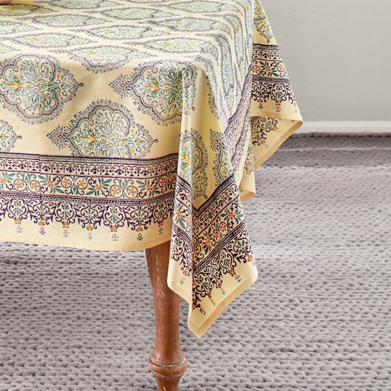 Summer Garden Tablecloth, Rectangle Tablecloth, Indian Block Print, Rustic Tablecloth, Outdoor Entertaining, Table Cover~ Morning Dew