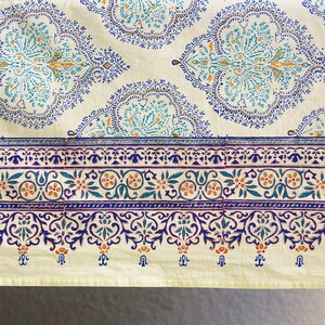 Puede incluir: Textil color crema con un patr&oacute;n repetitivo de medallones florales turquesa y azul marino. Un borde azul marino con dise&ntilde;os florales y de desplazamiento recorre la parte inferior. Probablemente un mantel o tela.