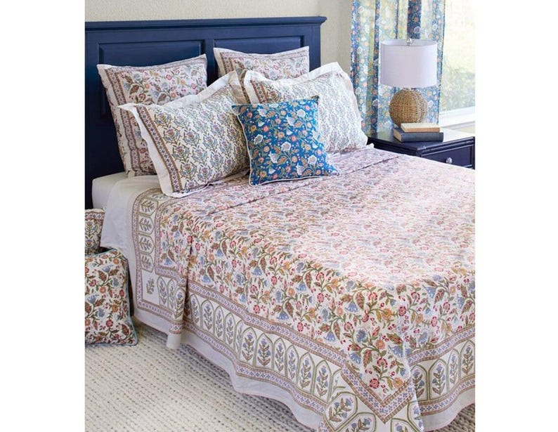 Persian Bedspread, Indian Print Bedspread, Mediterranean Decor, Persian Bedspread, Kantha Bedspread, Indian Coverlets ~ Enchanted Blue Enchanted - Ivory