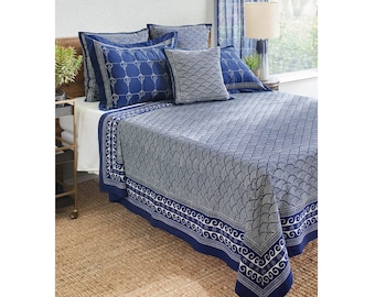 Indian Blockprint Bedspread, Ocean Print Bedspread, Navy Bedspread, Asian Bedding, Throw Bedspread, Oriental Bedding, Coastal ~ Pacific Blue