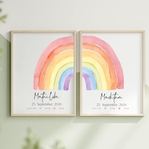 Geburtsposter für Zwillinge, Kinderzimmer Poster, Geschenke für Zwillinge zur Geburt, personalisierte Geschenke Baby, Regenbogen
