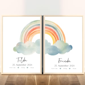 Geburtsposter für Zwillinge, Kinderzimmer Poster, Geschenke für Zwillinge zur Geburt, personalisierte Geschenke Baby, Regenbogen, Boho