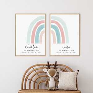 Geburtsposter für Zwillinge, Kinderzimmer Poster, Geschenke für Zwillinge zur Geburt, personalisierte Geschenke Baby, Regenbogen, Boho
