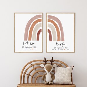 Geburtsposter für Zwillinge, Kinderzimmer Poster, Geschenke für Zwillinge zur Geburt, personalisierte Geschenke Baby, Regenbogen, Boho