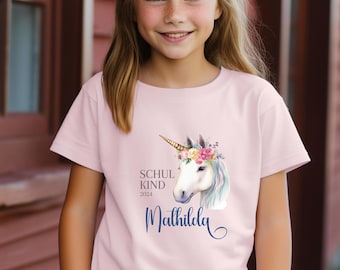 Personalisiertes Schulkind T-Shirt, T-Shirt mit Einhorn, Einschulungsgeschenk für Mädchen, Schulkind 2024, T-Shirt Schulanfang