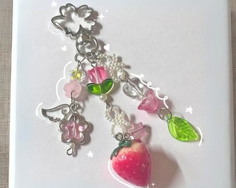 Cute Strawberry Bow Keychain - Lily Of The Valley Keychain, Y2K Keychain, Phone Jewellery Charm, Coquette Fairycore, Kawaii, Gifts For Her