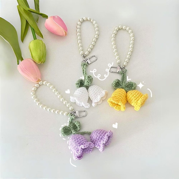 Lily of the Valley Crochet Keychain - Cute Flower Pearl Chain Bag Accessory, Crochet Lily of the Valley,  Knitted Flower, Gifts For Her