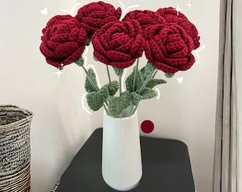 Rosa terminada de crochet: ramo de flores, rosa, ramo de flores de crochet, regalo de boda, flor individual hecha a mano, regalo de aniversario, regalos para ella