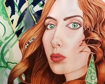Obra de arte original: retrato en técnica mixta, impresión en cianotipia y acuarela: arte surrealista alternativo e inusual: algas marinas, océano, sueños