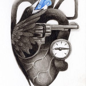 Puede incluir: Una ilustraci&oacute;n en blanco y negro de un coraz&oacute;n con un p&aacute;jaro dentro, sosteniendo una pistola. El p&aacute;jaro est&aacute; soplando humo azul. Un reloj est&aacute; unido al coraz&oacute;n. El texto "YOU'LL NEVER KNOW." est&aacute; debajo del coraz&oacute;n.