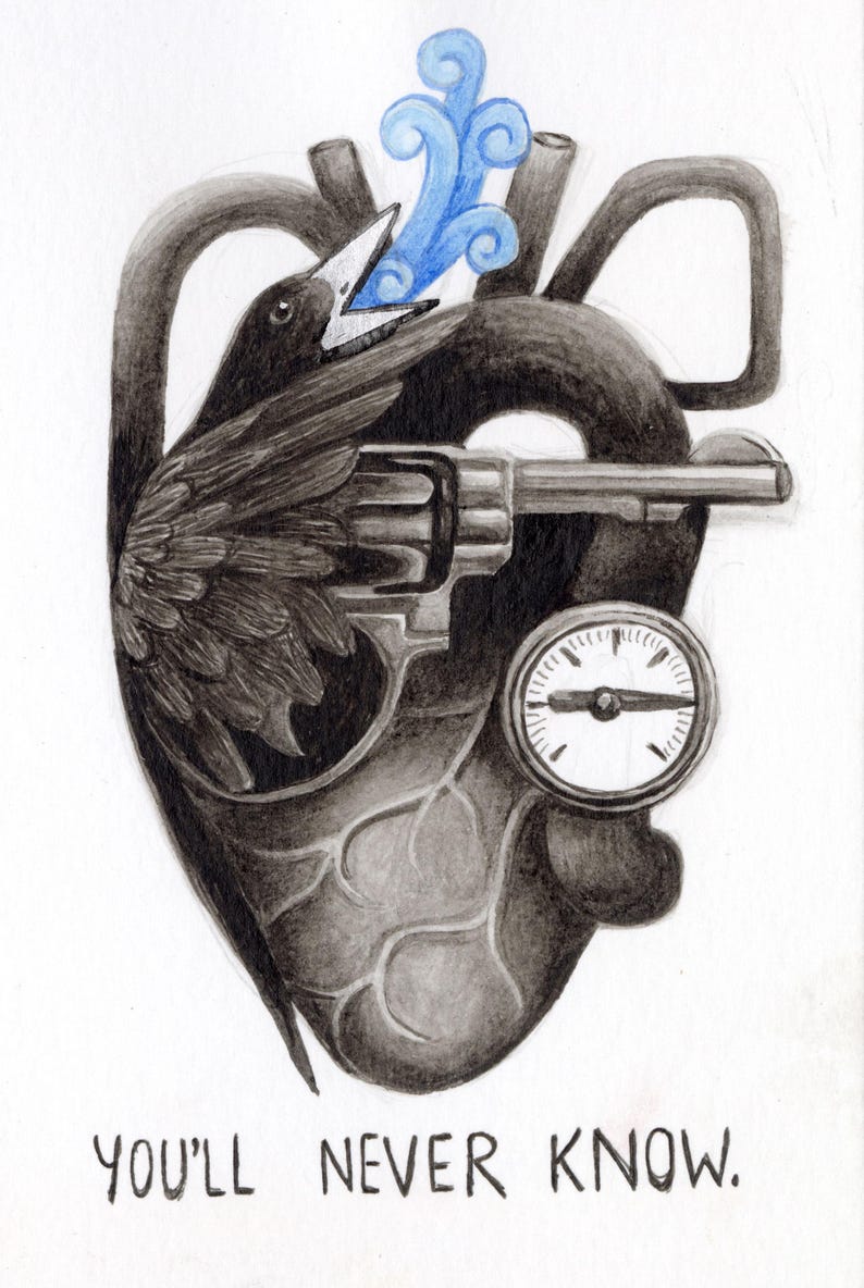 Puede incluir: Una ilustraci&oacute;n en blanco y negro de un coraz&oacute;n con un p&aacute;jaro dentro, sosteniendo una pistola. El p&aacute;jaro est&aacute; soplando humo azul. Un reloj est&aacute; unido al coraz&oacute;n. El texto "YOU'LL NEVER KNOW." est&aacute; debajo del coraz&oacute;n.