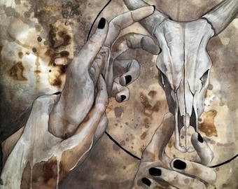 Obra de arte original: pintura de manos y calaveras que conjuran: gotas de acuarela, café y pintura acrílica: arte grunge gótico surrealista oscuro