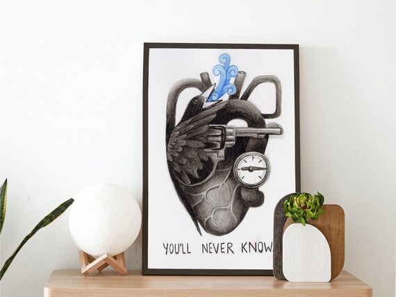 Steampunk Anatomical Heart Art Print | A5 + A6 Sizes | Blackbird, Revolver & Pipes Design | 230gsm Matt Paper | Emotional Gift Idea