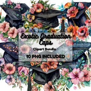 Watercolor Graduation Cap Clipart, Graduation Cap, 10 PNG Grad Floral Clipart, Graduation Clipart, Diploma Clipart, Transparent background
