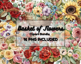 Watercolor Floral Basket Collection Clipart, 16 PNG Floral Clipart, Basket With Flowers, Flower Basket PNG, Transparent, Instant Download