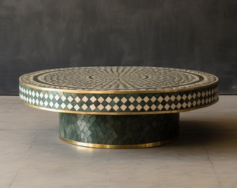 Bone Inlay Round Green Coffee Table For Living Room And Office Decor,Home Decor BeautiFul Solid Wood And Inlay Cocktail Table,Brass Round