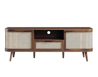 Rattan Entertainment Unit, Solid Mango Wood TV Unit, 2 Door 1 Drawer Entertainment Unit, Rattan Pattern Media Console