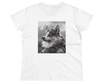 Pembroke Welsh Corgi Pilot / Black and White Design / Woman t-shirt / Semi-fitted