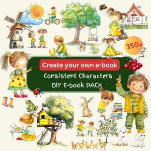 e-boekillustraties voor kinderen voor gepersonaliseerde boeken, kinderen vanaf 2 jaar, boek Your Own Story, transparante png-bundel, consistente stijl, aquarel 5701