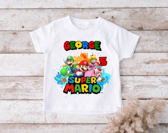 PERSONALISED T-Shirt mario Kids Girls boys BIRTHDAY gift party top tee