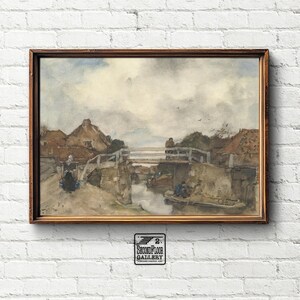 Rustic Bridge & Village Scene | Vintage Painting Art Print | Digital Download Wall Art | 25-22