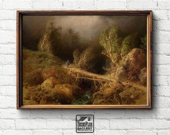 Lone Hiker Crossing a Forest Bridge in Stormy Wilderness | Vintage Painting | Art Print | Wall Art | Digital Download | 25-102
