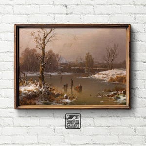 Joyful Winter Ice Skating Scene with Village in Snow | Vintage Painting | Art Print | Wall Art | Digital Download | 25-101