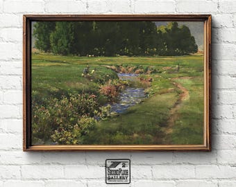 Serene Stream Through a Summer Meadow | Vintage Watercolor Painting | Digital Art Print | Nature Wall Art Download | 25-82