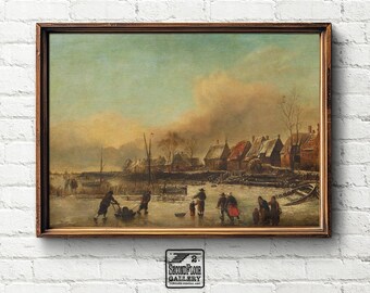 Frozen Village River at Winter Dusk | Vintage Painting | Digital Art Print | Wall Art Download | 25-67