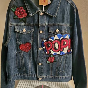 Chic Embroidery Patch Denim Jacket, Embroidery patchwork denim jacket, Denim Jacket with Sequin Embroidery Patches, Sequin denim jacket