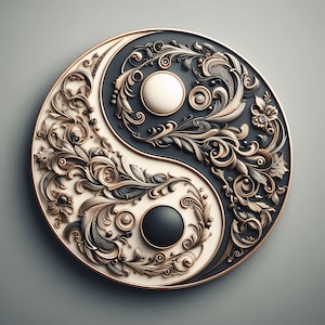 May include: A black and white yin yang symbol with intricate gold filigree details. The symbol is surrounded by a circular frame.