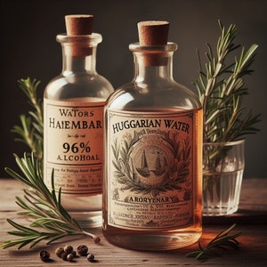 Op de afbeelding: Twee glazen flessen met kurkstoppen en etiketten. De fles links heeft de tekst "Wators Haiembar 96% Alcohoal". De fles rechts heeft de tekst "Huggarian Water" met een bloemmotief en de tekst "A Roryenary".