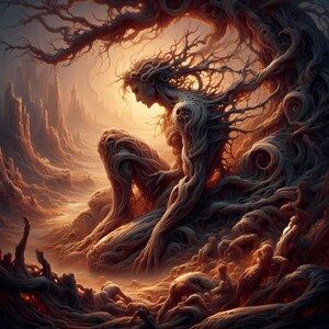 May include: A surreal digital painting of a humanoid figure made of tree roots and branches, sitting in a landscape of twisted branches and roots. The figure has a human-like face and body, but is covered in bark and leaves. The background is a dark, earthy color, with a hint of orange in the sky.