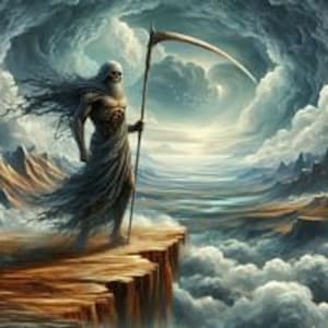 May include: A skeletal figure in a tattered robe stands on a cliff overlooking a stormy landscape. The figure holds a large scythe in its right hand. The sky is filled with dark clouds and the ground below is covered in fog.