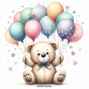 Ursinho de pelúcia clipart com balões - PNG digital para chá de bebê, camiseta DTG, caneca, sublimação de copo e arte de scrapbooking para baixar