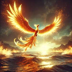May include: A golden phoenix bird with outstretched wings rises from a fiery sea. The bird's feathers are ablaze with orange and yellow flames, creating a dramatic and powerful image.