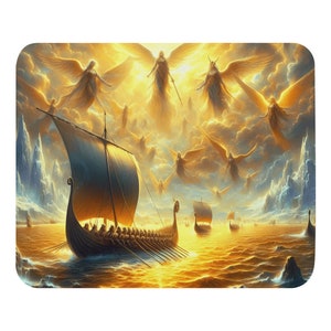 Könnte beinhalten: Ein goldener Himmel mit Engeln und einem Wikingerschiff, das auf einem goldenen Meer segelt.