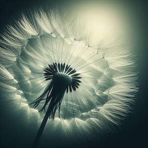Op de afbeelding: Een close-up van een paardenbloemzaadkop met delicate witte zaden en een donker centrum. De zaden worden verlicht door zacht licht, wat een dromerig effect creëert.