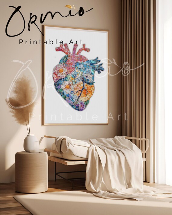 Floral Mosaic Anatomy Wall Art Set of 4, Heart Brain Lungs