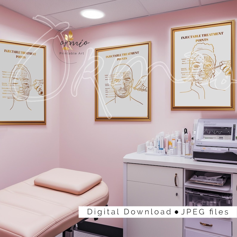 Set of three printable posters in gold linear design showing Botox injection points on a man, a woman, and a woman of color. Labeled areas include forehead, crow's feet, lip flip, bunny lines, masseter, and chin. Ideal for aesthetic professionals.