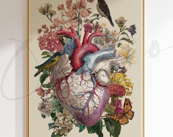 Botanical Heart Anatomy Art Print, Human Heart Illustration, Medical Wall Art, Cardiology Office Decor, Vintage Anatomy Printable